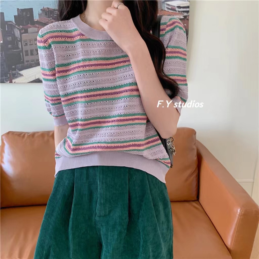 𝙁.𝙔 𝙨𝙩𝙪𝙙𝙞𝙤𝙨 🌸(พร้อมส่ง‼️)🌸NO.177 เสื้อยืดแขนสั้น ผ้าถักลายทาง สไตล์ ...