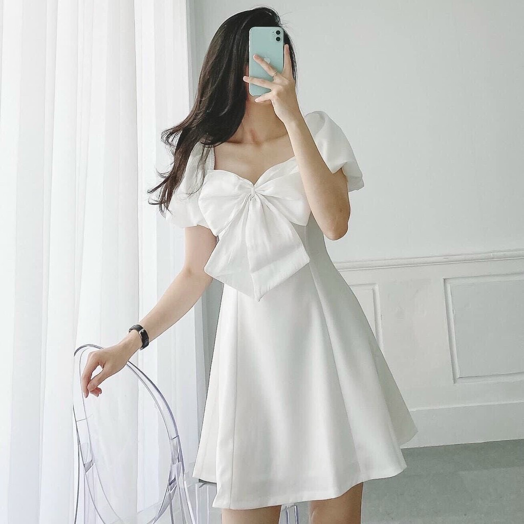 Đầm cổ vuông tay phồng nơ ngực vải umi - Đầm nơ ngực - Đầm dáng xoè siêu xinh