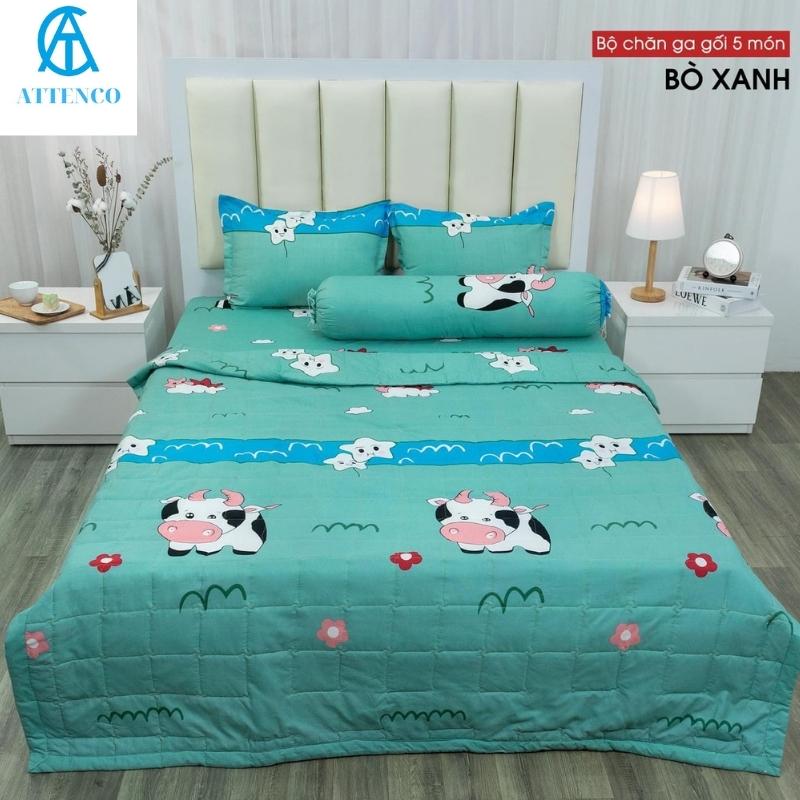 Bộ chăn ga gối cotton 5 món giường 1m6/1m8 gồm chăn ga chun 2 vỏ gối dầu vỏ ôm chăn hè