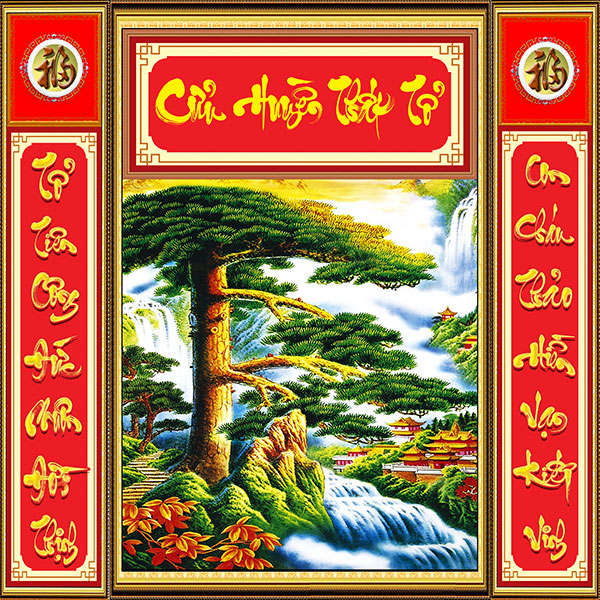 Tranh dán tường trang trí bàn thờ phòng thờ Cửu Huyền Thất Tổ nền vàng CHTT012 loại cao cấp nhiều kích thước