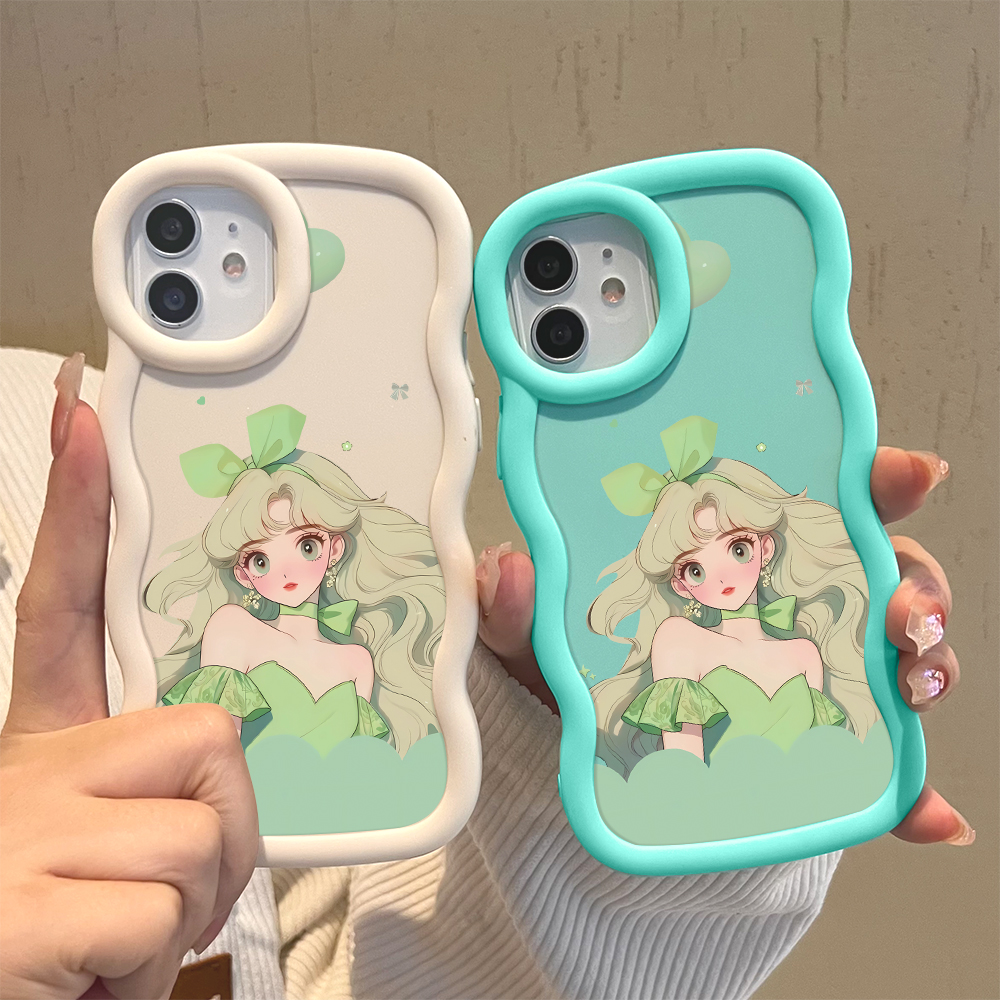 Jizetin for Realme C11 C15 C21Y C25Y C20A C2 C3 Realme 2 5i 5S 6i 9i 11 12 Pro+ OPPO A1K F9 Pro Back Cover Green Fairy Princess Pattern Macaron Bright Color Wavy Shape Soft Mobile Phone Cases.