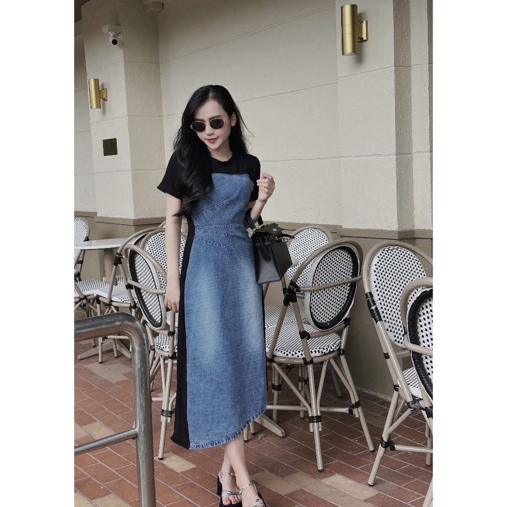 Đầm midi đen jean phối was suông