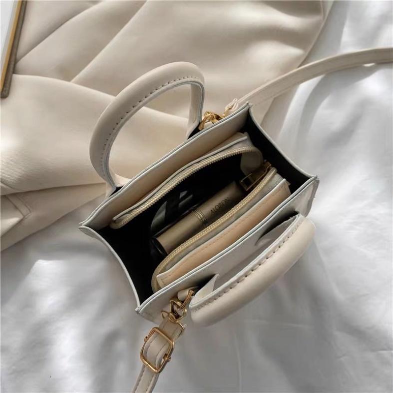 Túi đeo chéo nữ mini da trơn 2 quai Bag Kem