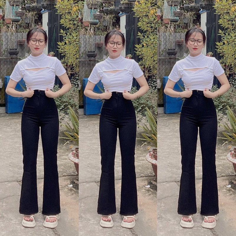 KCS⭐Set Jeans ống loe đen + áo cổ lọ cut out🔉