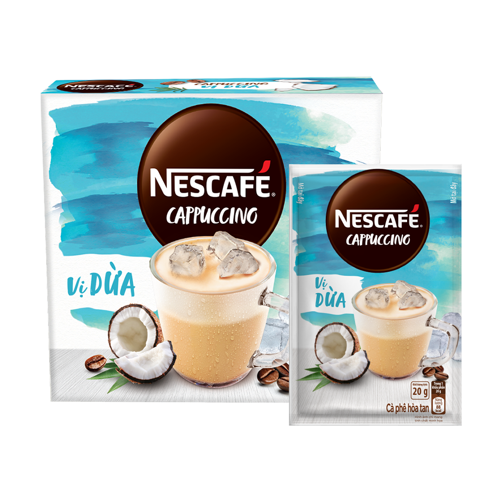 [Tặng 1 bình nước Water Reminder 700ml] Combo 2 hộp cà phê hòa tan Nescafé Cappuccino vị dừa (Hộp 10...