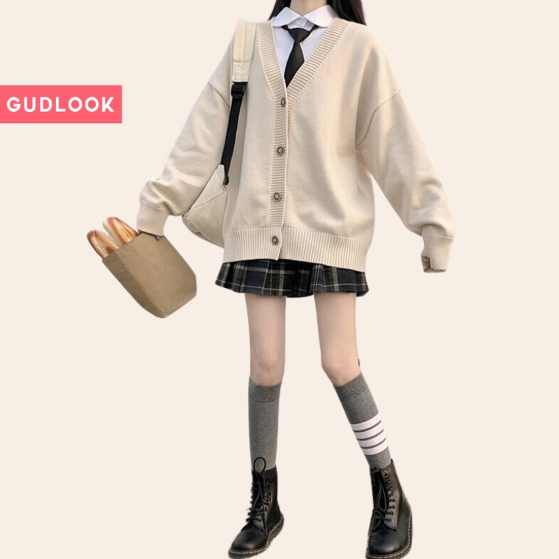 Áo Len Cardigan Basic GUDLOOK Form Rộng Màu Be Dễ Phối Đồ