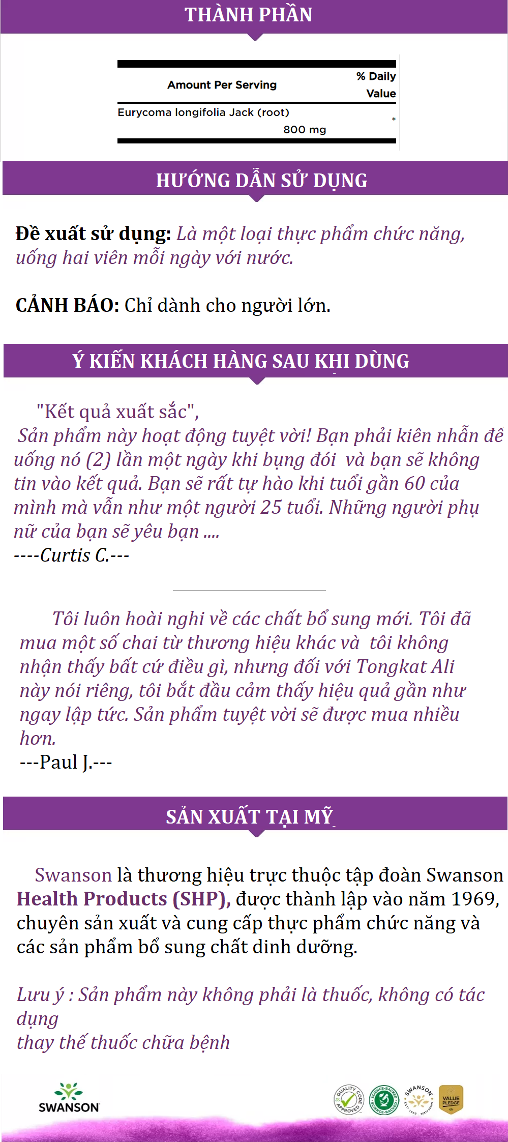 Swanson Tongkat Ali kích thích hỗ trợ sinh lý