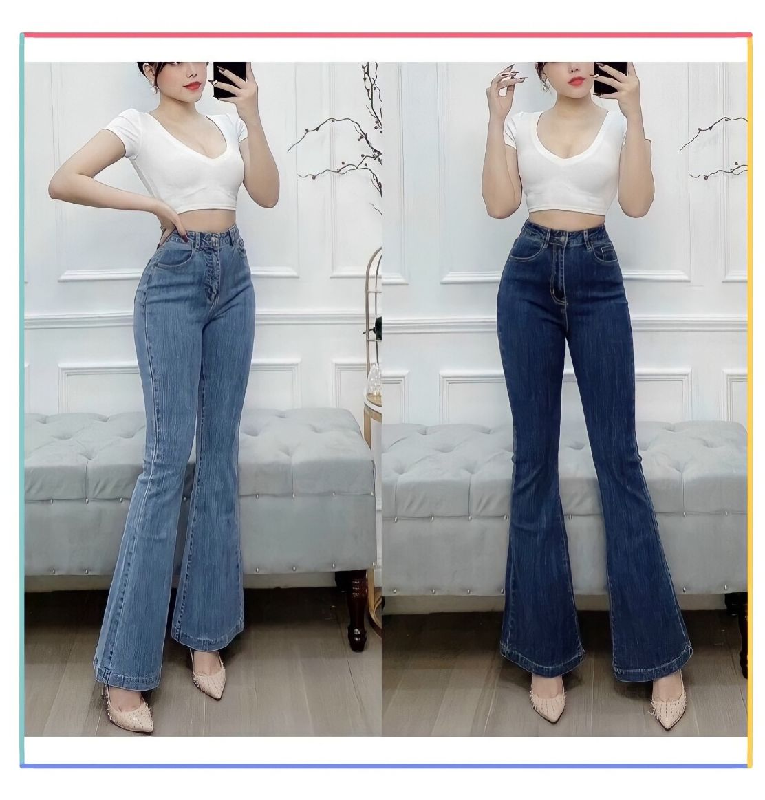 Quần Jean nữ Ống Loe siêu hot 2 màu xanh nhạt, xanh đậm, Chất Jean Co Giãn thoải mái vải mềm chuẩn xịn - RÒM93 BOUTIQUE