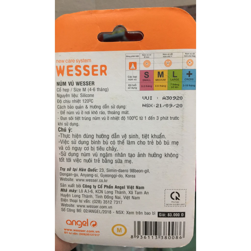 Núm Ty Bình Sữa Wesser Cổ Hẹp S,M,L,+ chất liệu silicon siêu mềm