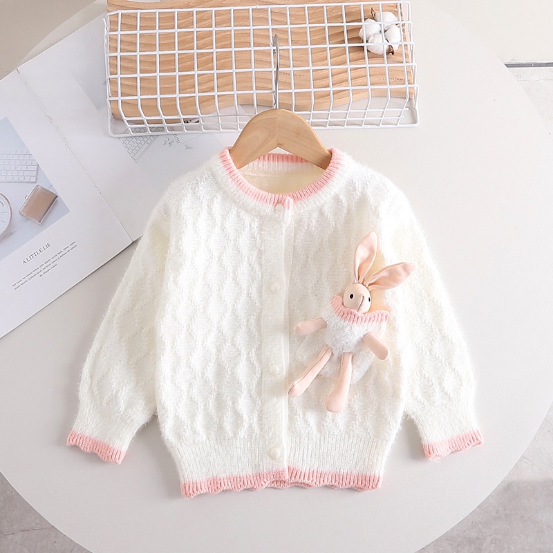 ZZ308010 2-8 tuổi bé gái áo len dày thu đông phim hoạt hình túi thỏ áo khoác nữ em bé dễ thương áo len mở