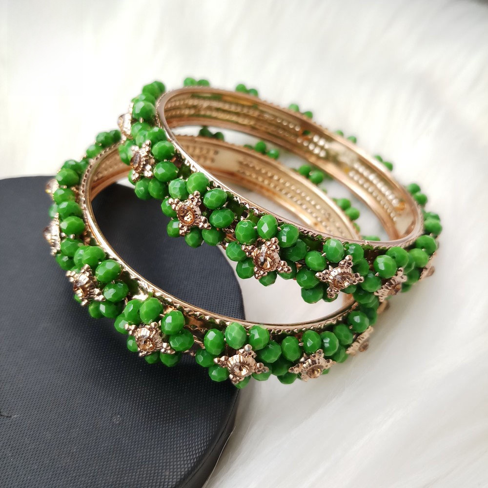 Green Crystal Beads Metal Bangles for Women (Imported) M-CB212 - 2 Pieces - Bangles - Bangles for Women - চুড়ি