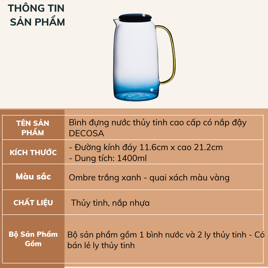 Bình đựng nước thủy tinh cao cấp có nắp đậy DECOSA