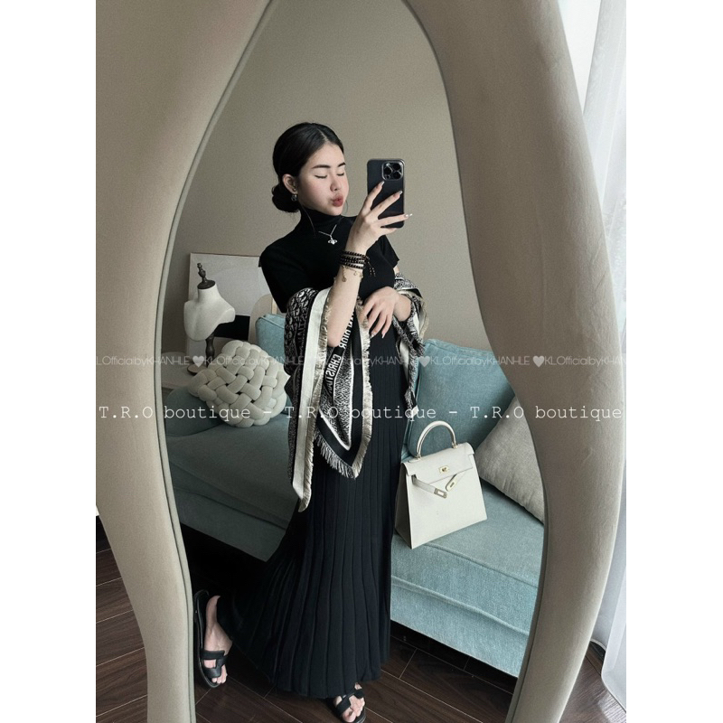 AA18-Đầm len xếp ly mỏng dáng dài tay cộc có cổ (ảnh thật)