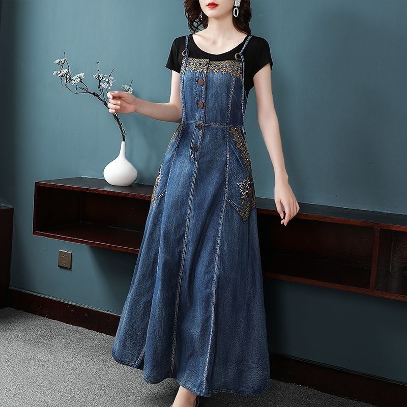Fashionable Korean style denim tie up dress 2023 summer new retro embroidery long waistband slimming A-line skirt reducing age large hem slim fitting suspender dress