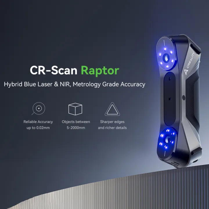 Creality 3D CR-Scan Raptor Multiple-line Blue & NIR Consumer 3D Scanner for 3D Printing Reverse Engineering Handheld Scanner Up to 60FPS Scanning Speed Anti-Shake Tracking Support 5-2000mm Black/Metal Objects Without Scanning Spraying Full Color Scan