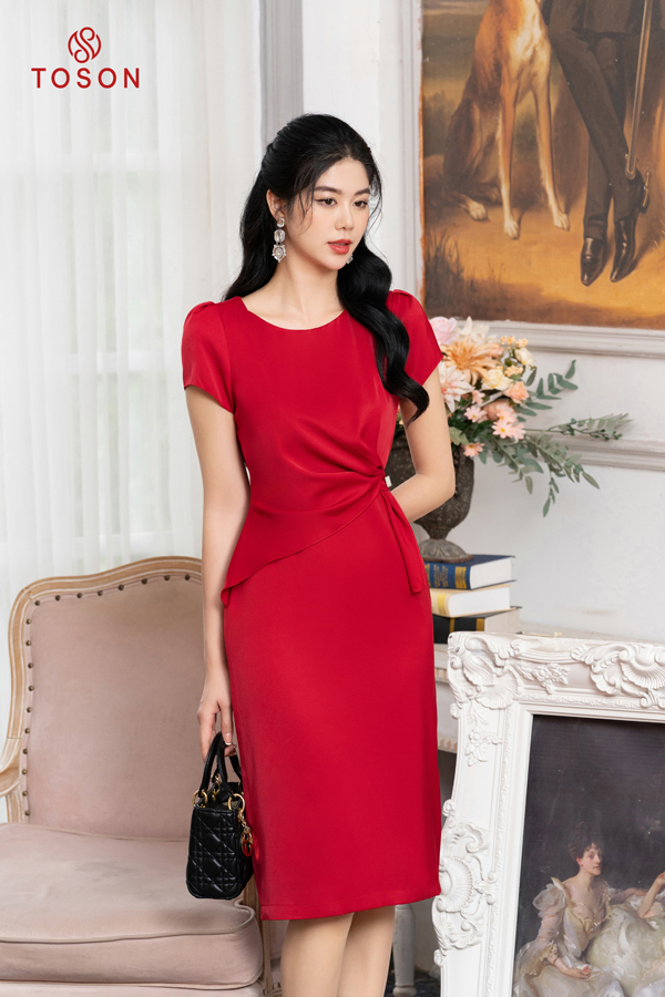 [FREESHIP 0Đ] Đầm lụa đỏ, eo phối tà bong đính nơ SXTN 41146D83 Toson