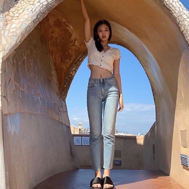Quần baggy nữ trắng lưng cao quần ống rộng nữ ?quần jeans nữ lửng