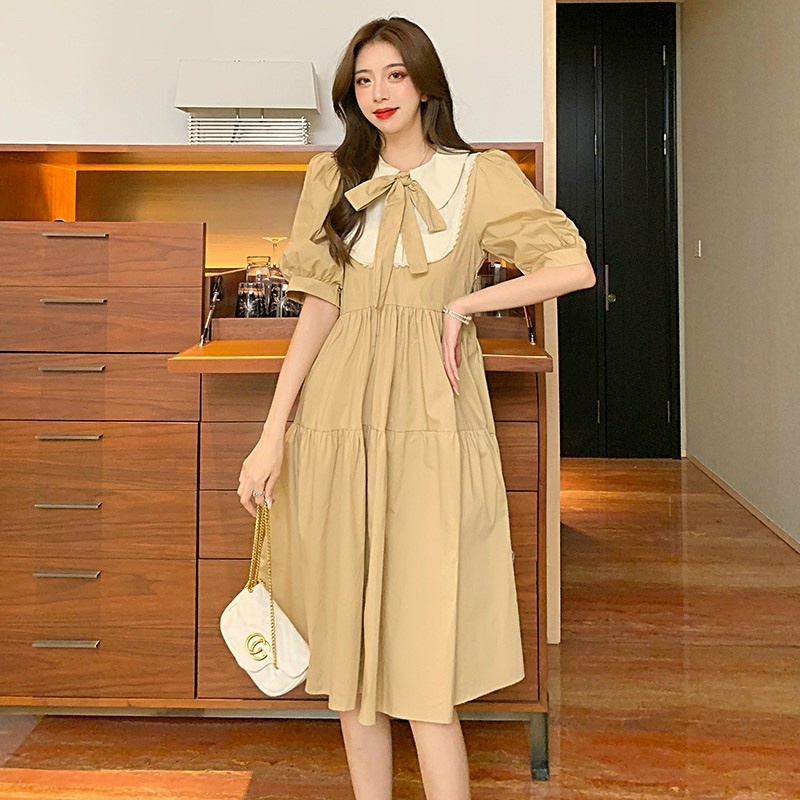 [A]Váy bầu hè cộc tay suông a cổ nơ - Đầm bầu suông thời trangfree size 43-70kg