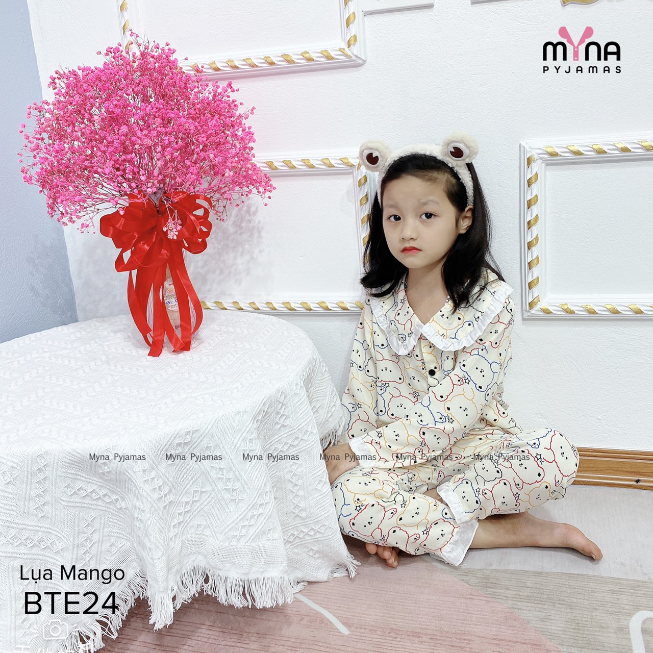 Bộ trẻ em tay dài, chất lụa Mango, ảnh chụp thật - MYNA PYJAMAS