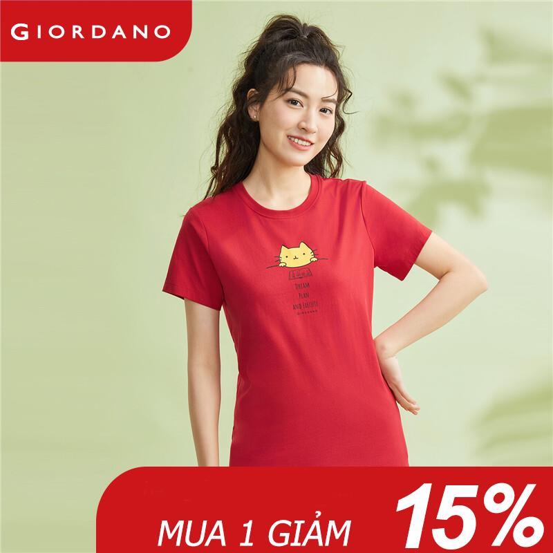 Giordano áo thun nữ 100% cotton cổ tròn tay ngắn dệt kim in hình chủ đề con mèo Free Shipping 05383001