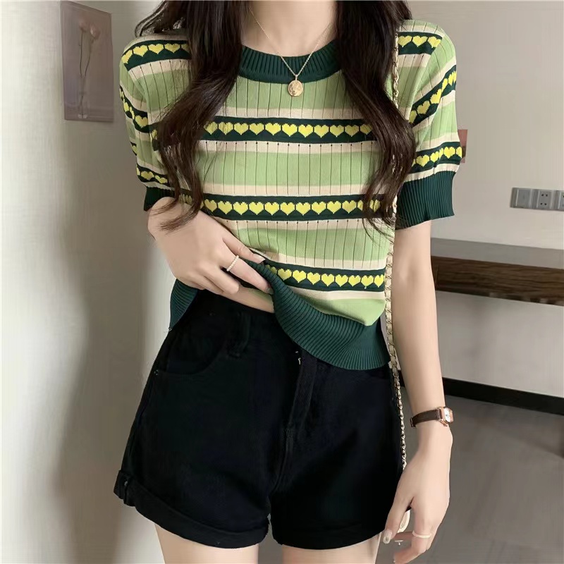 midsummer เสื้อยืดไหมพรมเกาหลี คอกลมแขนสั้น ลายหัวใจน่ารักมาก ผ้าร่อง ...