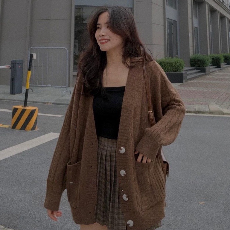 Áo khoác Cardigan len thừng dáng rộng có túi basic