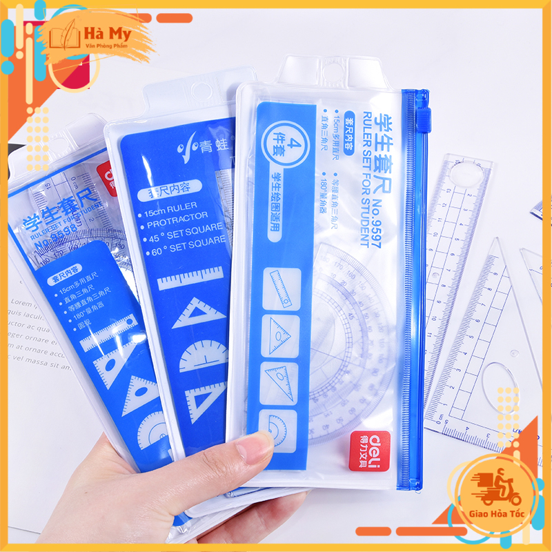 Bộ dụng cụ 4 cây thước nhựa cứng học sinh Deli - Kèm túi zip - E9597