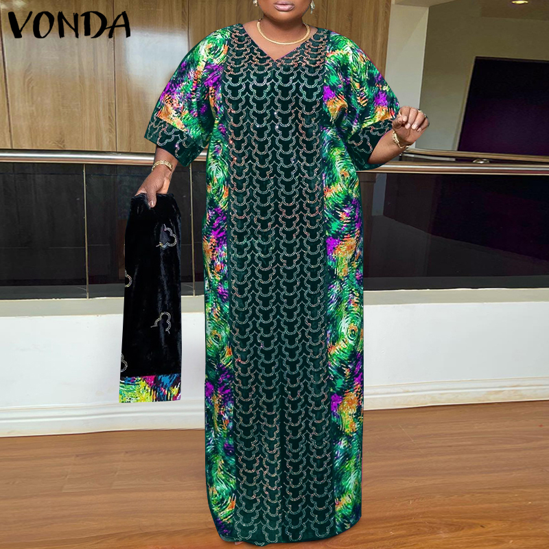 VONDA Womens Luxurious V Neck Short Sleeved Stylish Party Printed Loose A-Line Maxi Dresses