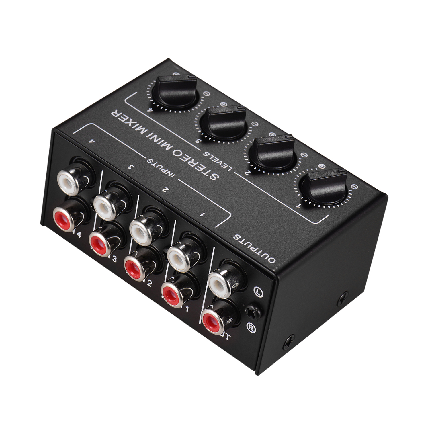 Mini Stereo Audio Mixer with 4-Channel RCA Inputs Separate Volume Controls Full Metal Shell