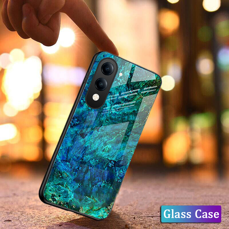 Phone case Vivo Y04 Fashion Marble Tempered Glass Protector Soft Frame Silicon Back Cover Vivo Y04 4G Case.