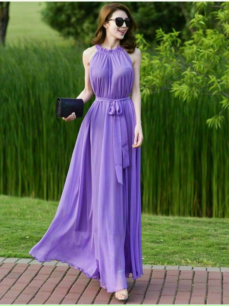 Đầm maxi dài cổ xếp ly sang trọng