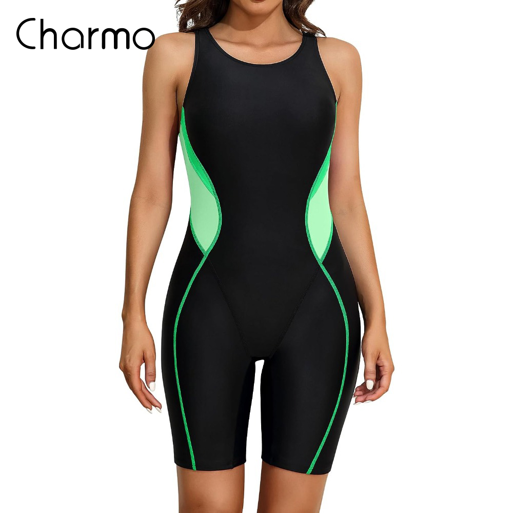 Charmo Womens Pro Sports Swimwear Colorblock Racerback Boyleg