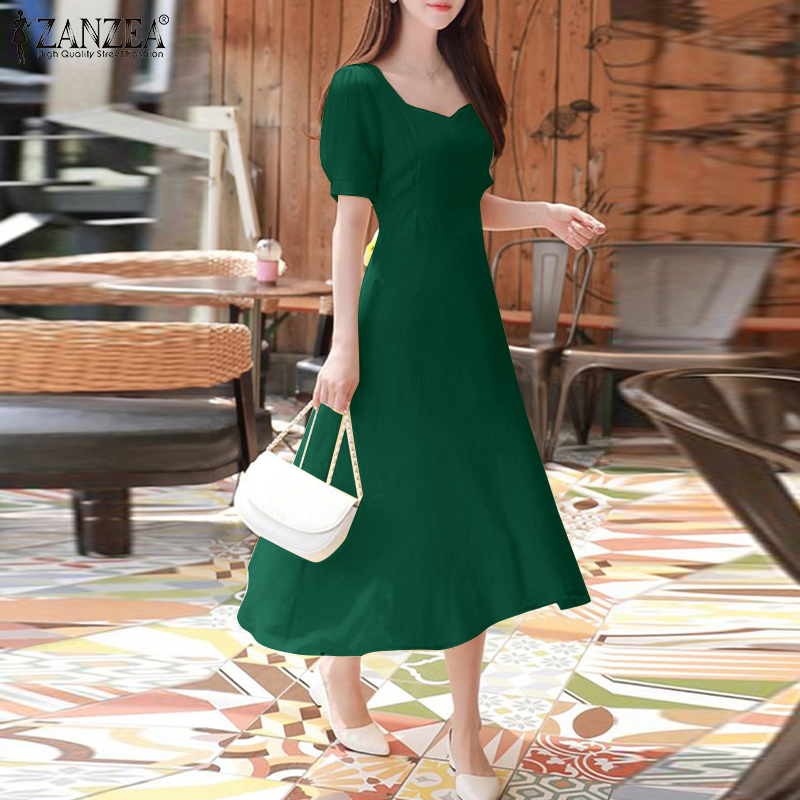 ZANZEA%20Korean%20Style%20Womens%20Puff%20Short%20Sleeve%20Midi%20Dress%20Collect%20Waist%20Elegant%20Party%20Long%20Dresses%20-%20Image%202