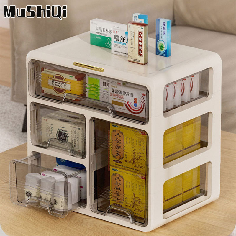 MUSHIQI [Miễn Phí Vận Chuyển]Trong suốt loại ngăn kéo Ống đựng thuốc dung tích lớn hộp lưu trữ máy tính để bàn nhà ký túc xá sinh viên thuốc nhiều lớp Hộp y tế