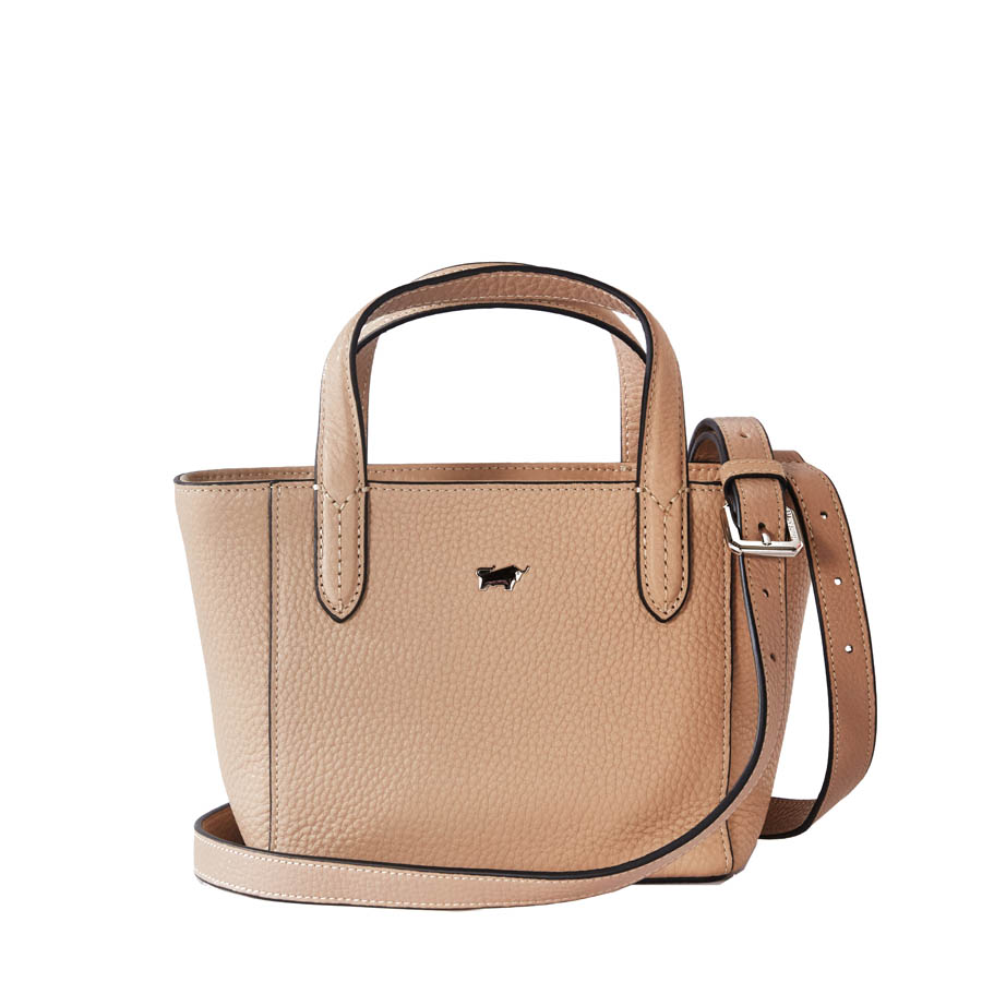 Thela Mini Taupe And Blue With Zip Closure Cross Body Bag For Women In Gold