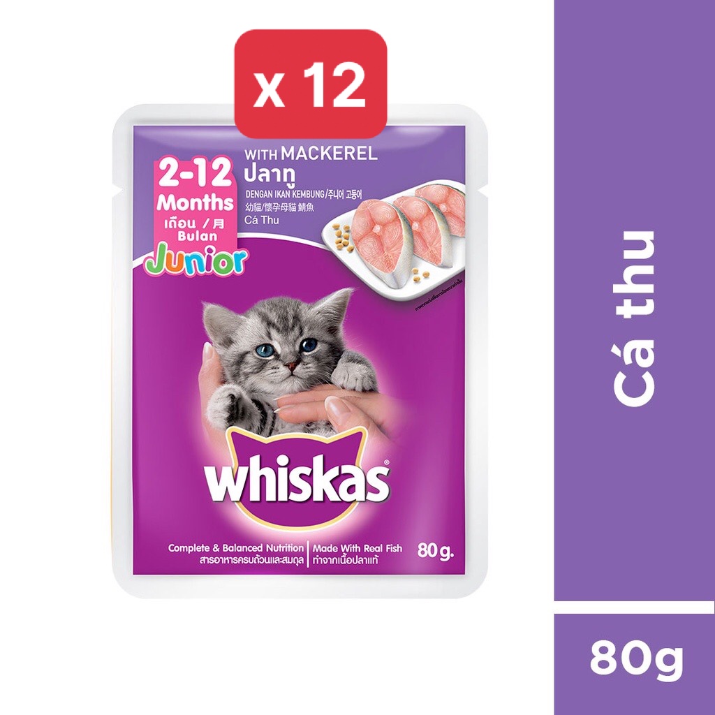 [Combo 12 gói] Pate Whiskas cho mèo con 2-12 tháng 80gr