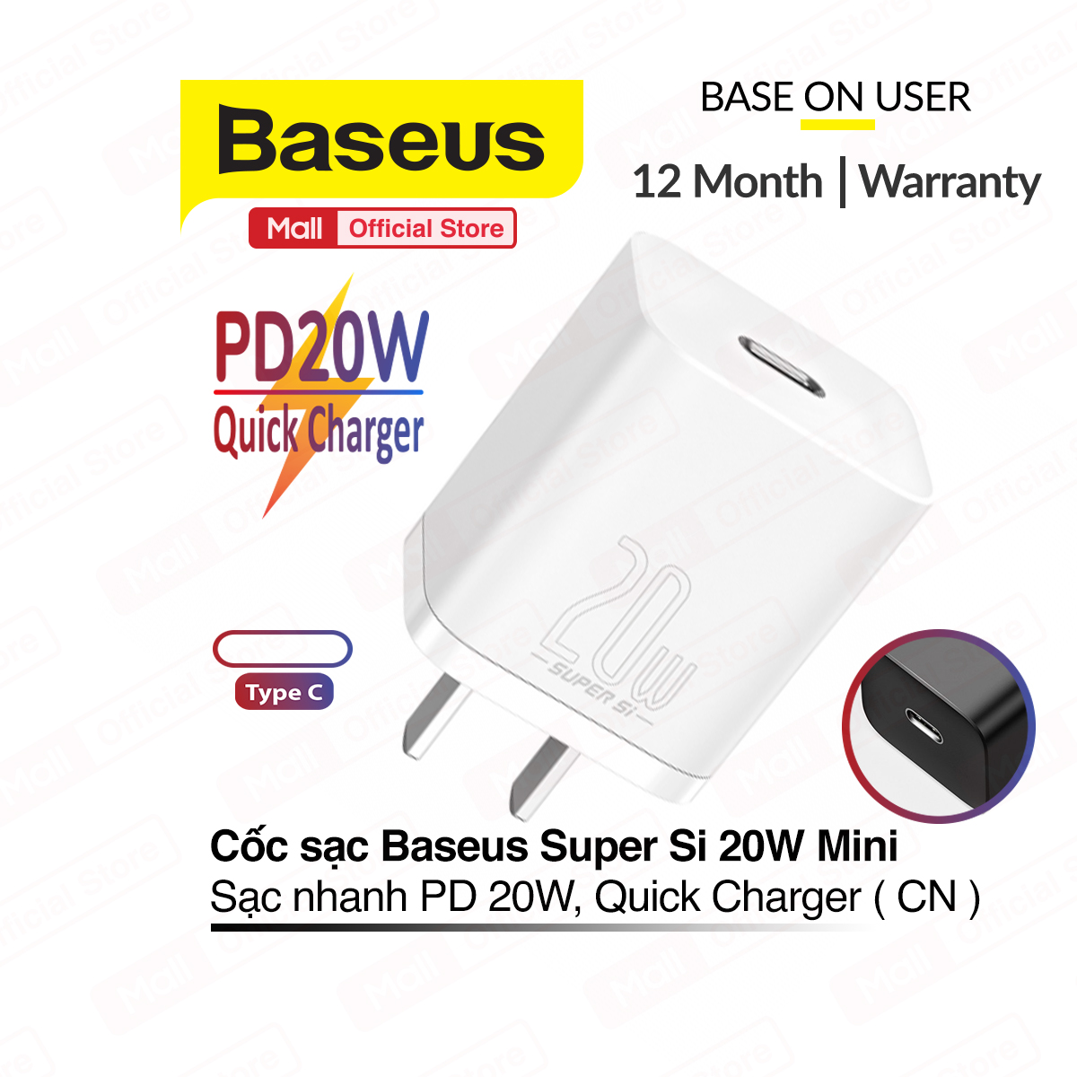 Củ sạc nhanh PD20W BASEUS Super Si 1 cổng Type-C, Quick Charger, chân cắm tiêu chuẩn ( EU/CN )