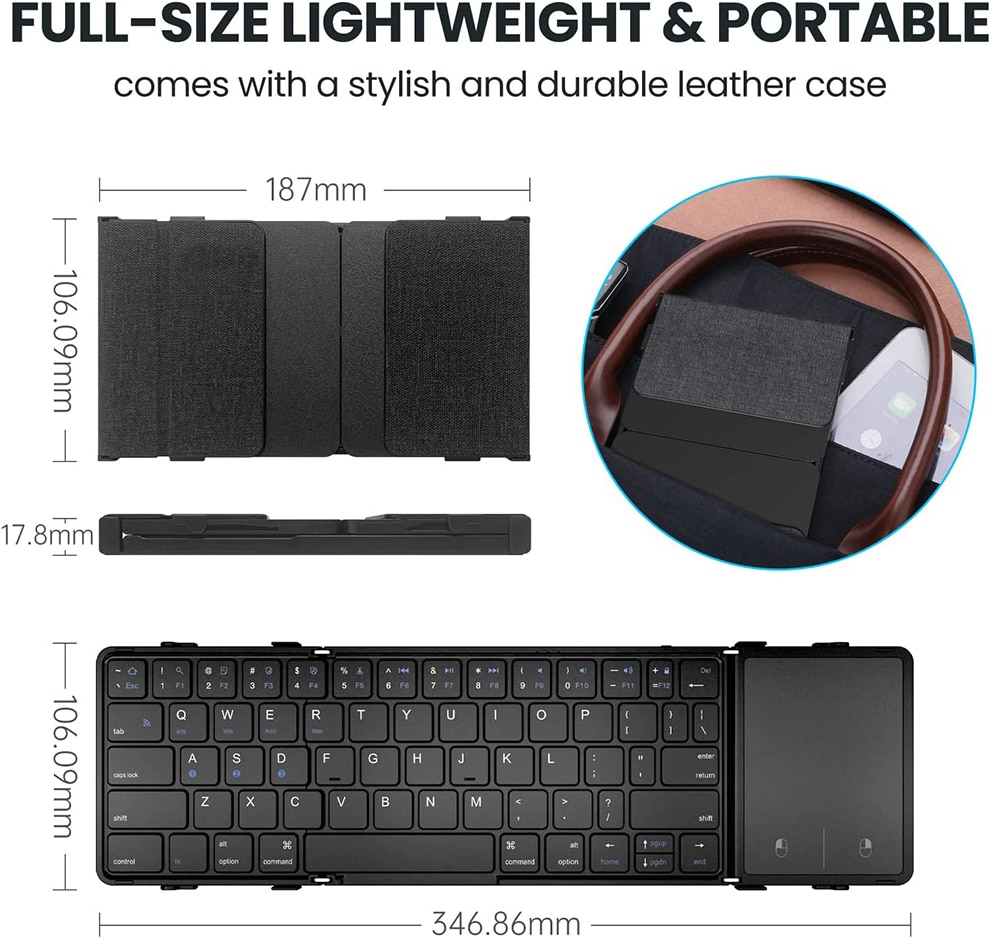 Seenda Foldable Bluetooth Keyboard With Touchpad Portable Rechargeable Tri-Folded Ultra Slim Wireless Keyboard Support 3 Devices
