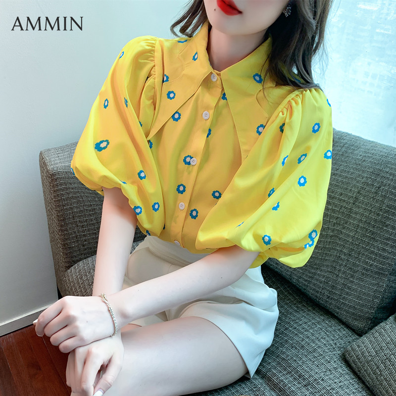 AMMIN 2022 Summer New Sweet Floral Print Puff Sleeve Elegant Blouse Women's Korean Style Irregular Lapel Design Loose Single Breasted Small Daisy Print Chiffon Shirt female chic tops