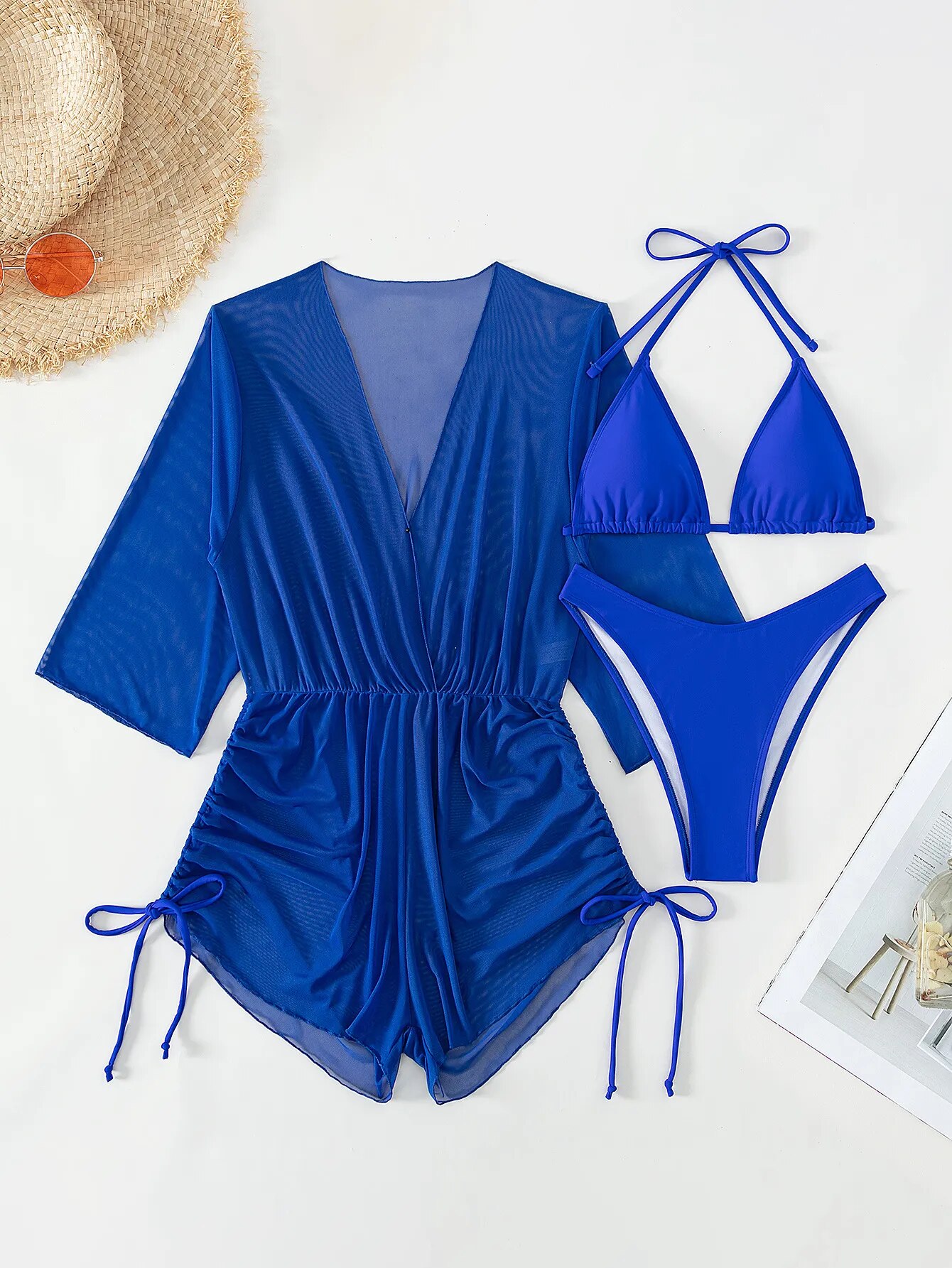 Plain Halter Triangle Bikini Swimsuit With Drawstring Side Plunging Neck Cover Up Romper Beachwear Bikinis Set