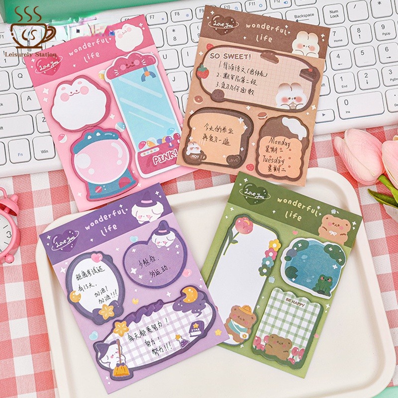 60Sheets 3 IN 1 Cute Animal Shape Sticky Notes Creative Message Memo Pads Hand Account Note Paper Student Stationery