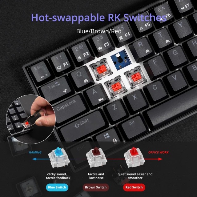 HOTSWAP - Bàn phím cơ không dây mini Royal Kludge RK61 RGB kết nối Dây, Bluetooth 5.1 và Wireless 2.4G Bàn Phím Chơi Game 68 Phím Công Tắc Hoán Đổi Nóng Cho Điện Thoại/Laptop/PC
