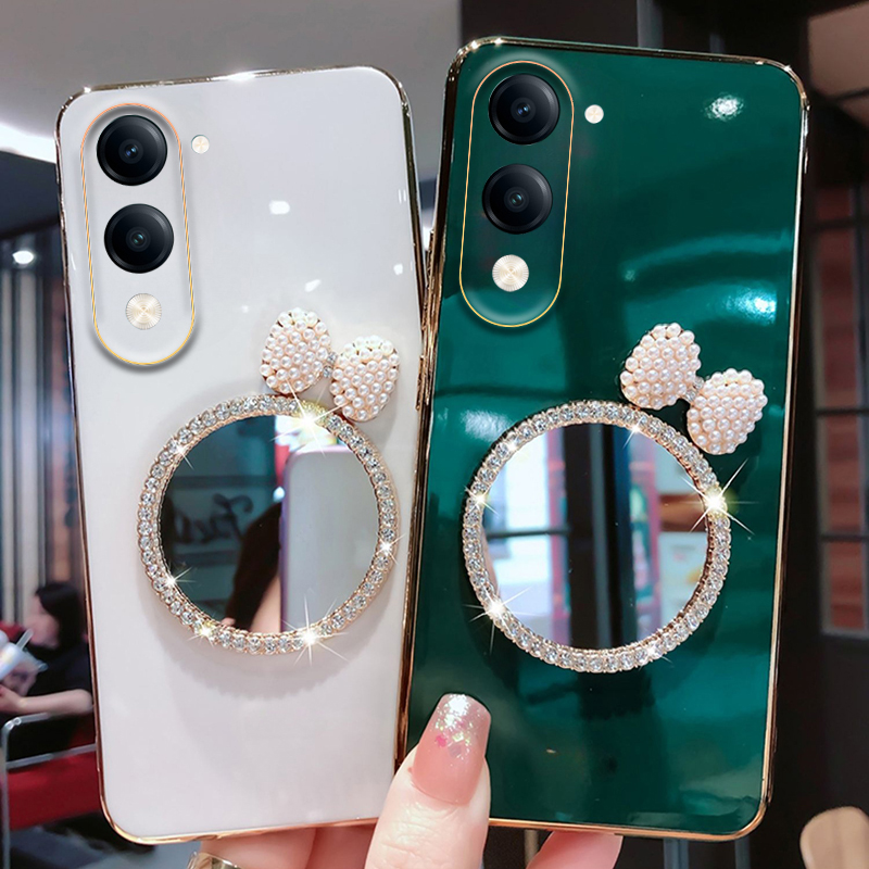 New Phone case Vivo Y04 / Y04S Back cover Soft Plating brick inlaid pearl butterfly makeup mirror Smooth Electroplated for Vivo Y04S / Y04 case. 