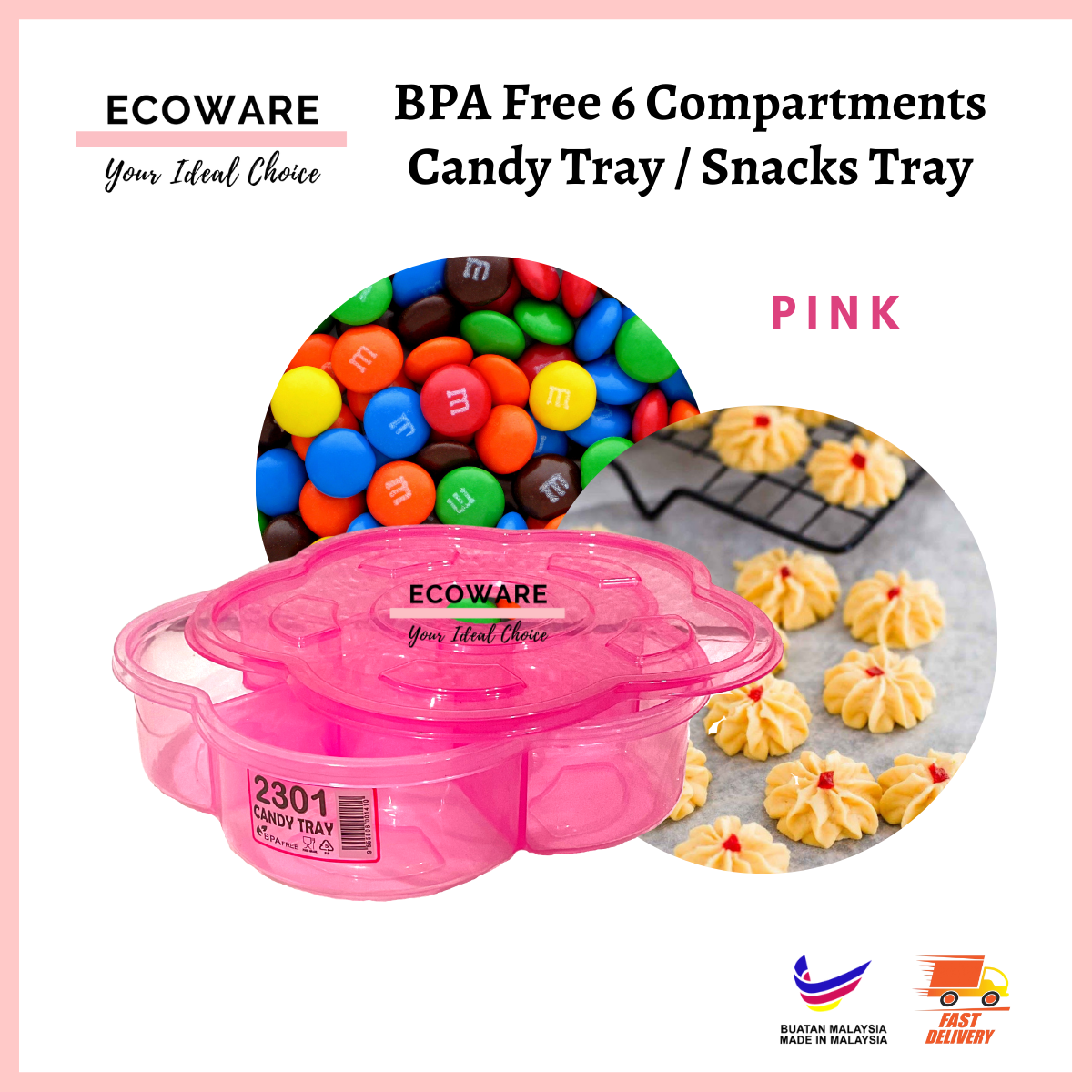 BPA Free 6 Compartments Flower Shape Candy Snacks Tray Bekas Kuih Raya