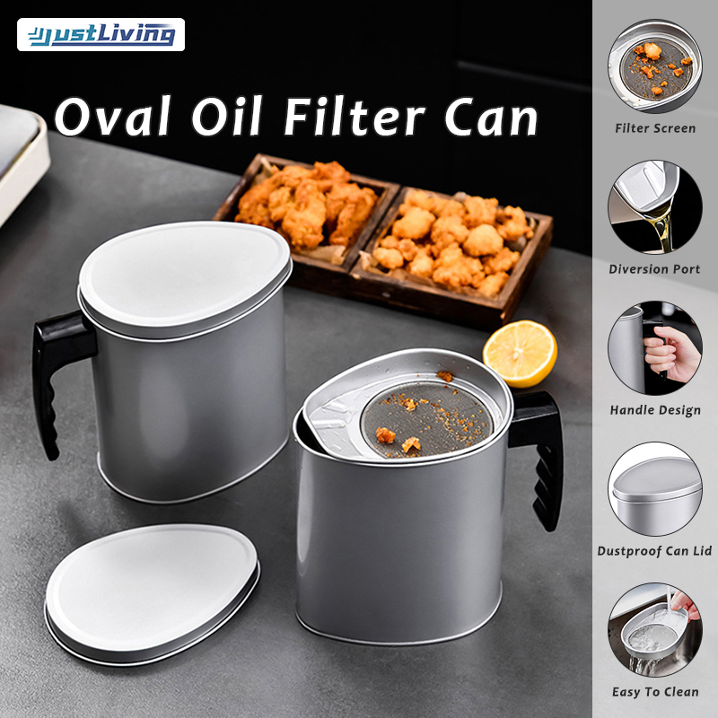 JustLiving 1.3L Oval Kitchen Stainless Steel Oil Filter Strainer Oil Filter Pot Oil Strainer Pot Container Jug Storage Can with Fine Mesh Filter and Lid Bekas Penapis Oil Pot Filter