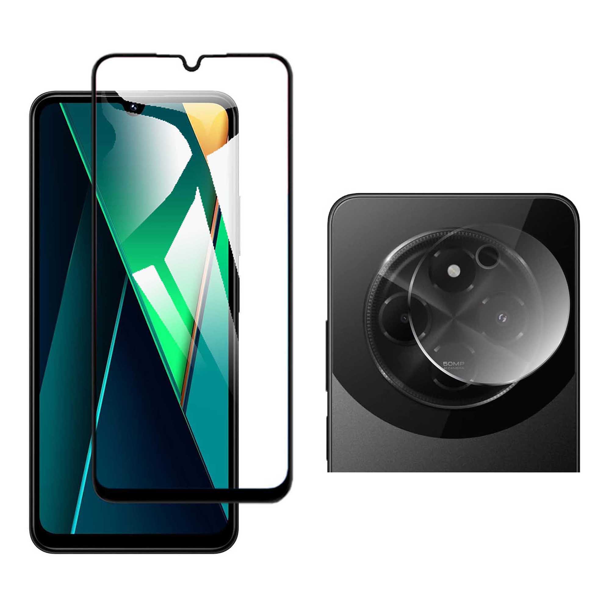 Xiaomi Poco C75 Full Black 9D/5D/6D /10D/11D/21D Tempered Glass Screen Protector Edge to Edge Full Glue Curved Full Cover Protective Glass + Back Camera 9H Gorilla Flexible Ultra Clear Protector For Poco C75. 