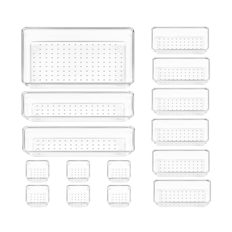 15PCS Clear Plastic Drawer Organizer Set 4-Size Versatile Bathroom and Vanity Drawer Organizer Trays Storage Bins