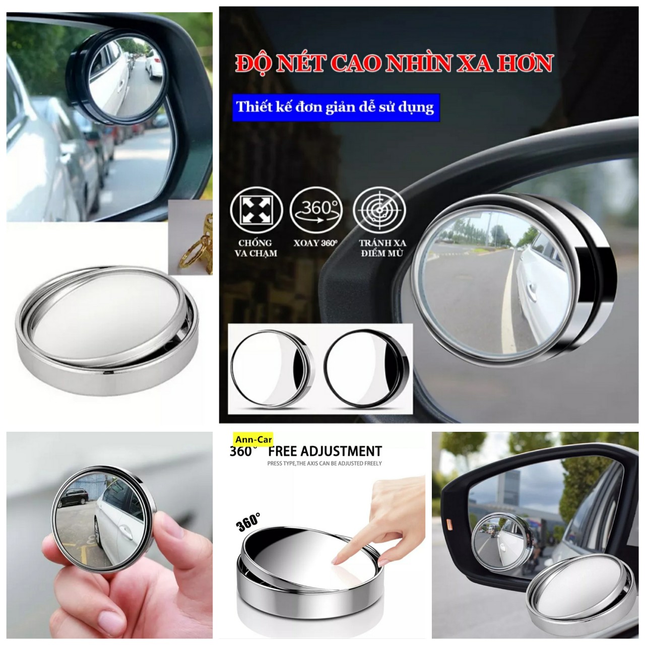 Bộ 2 Gương cầu lồi tròn xoay 360 độ có viền giúp quan sát góc rộng hỗ trợ xóa điểm mù loại tốt, phụ kiện ô tô xe hơi