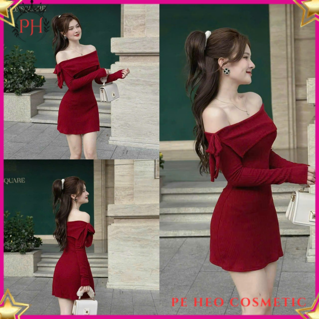 Đầm body trễ vai cột nơ bên vai tay dài thun tăm lạnh dễ thương , nữ tính , đẹp gái
