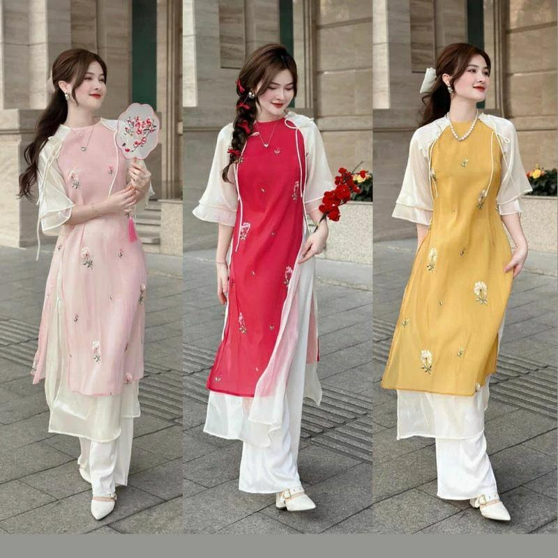 Áo Dài Cách Tân Dáng Suông Phối Cánh Trắng  Chất Tơ Thêu 4 Tà- Đủ Màu , Đủ Size Cho Chị Em Lễ Hội – Áo Dài Mieso